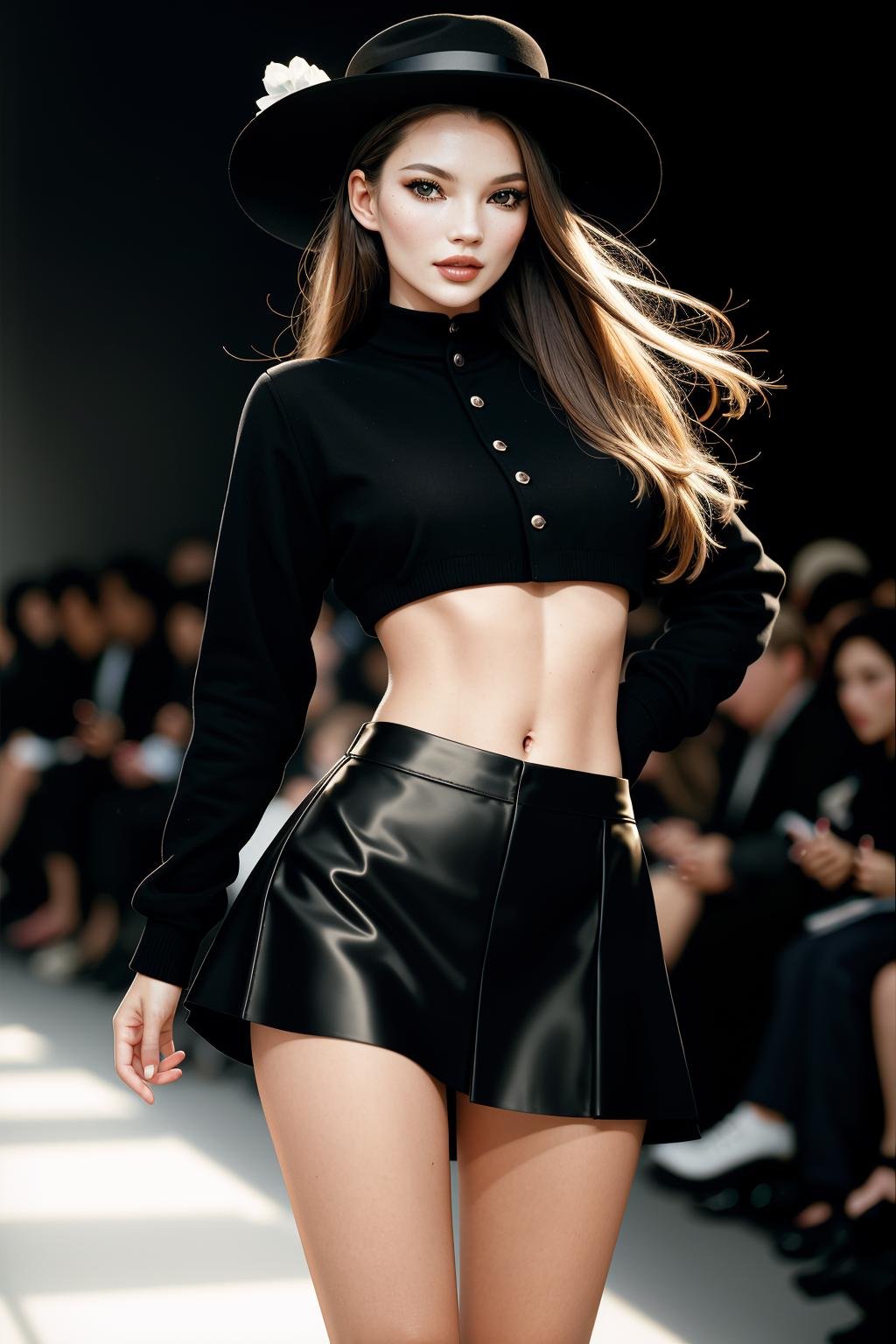 ((Masterpiece, best quality,edgQuality)),smirk,smug,edgKM, a woman in a black skirt and hat walks down a runway ,wearing edgKM <lora:edgMoss:1>