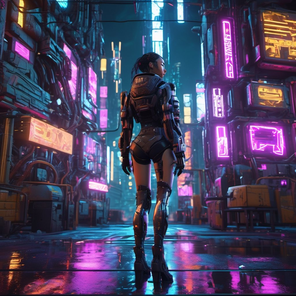 A cyberpunk city, cyberpunk style, a girl in the city , walking, ultra high quality, neon ambiance, abstract black oil, gear mecha, detailed acrylic, grunge, intricate complexity, rendered in unreal engine, photorealistic