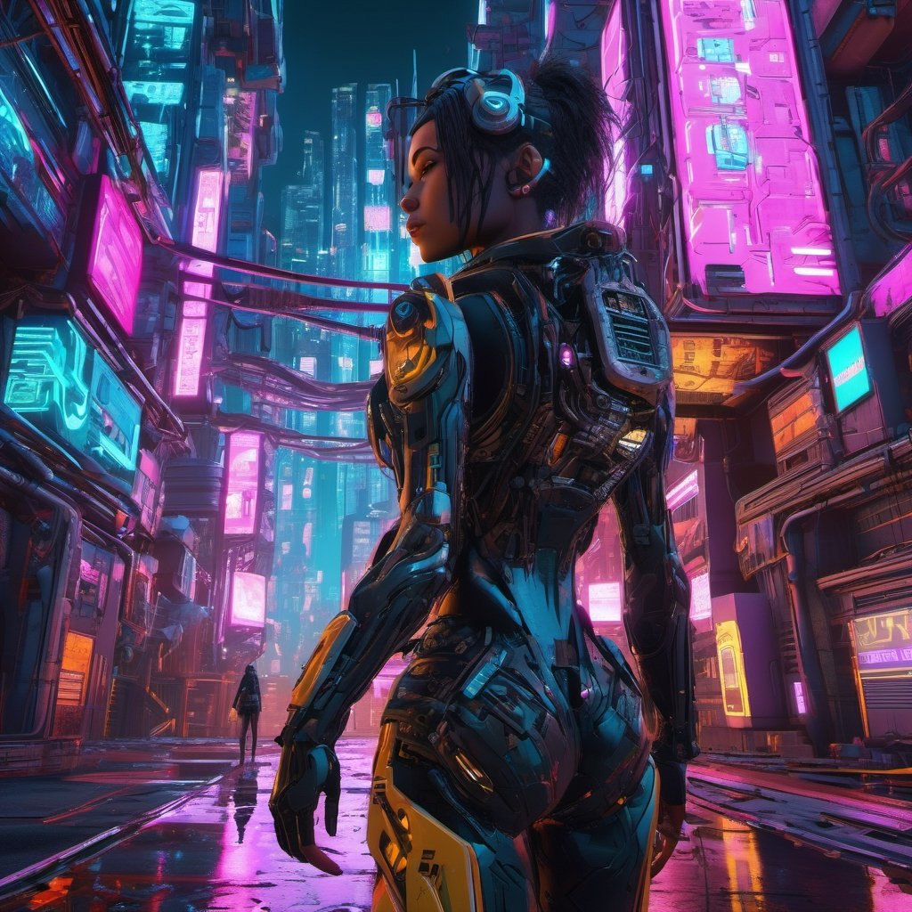 A cyberpunk city, cyberpunk style, a girl in the city , walking, ultra high quality, neon ambiance, abstract black oil, gear mecha, detailed acrylic, grunge, intricate complexity, rendered in unreal engine, photorealistic