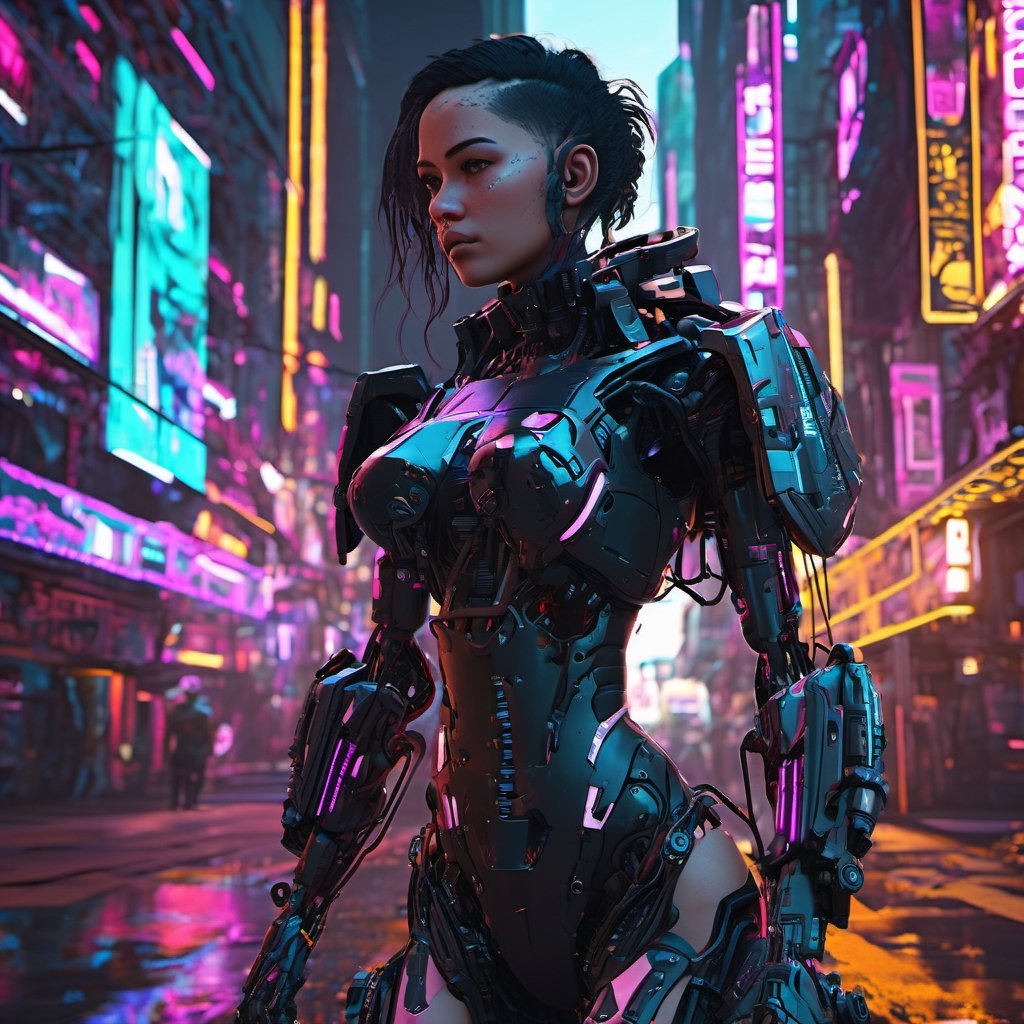 A cyberpunk city, cyberpunk style, a girl in the city , walking, ultra high quality, neon ambiance, abstract black oil, gear mecha, detailed acrylic, grunge, intricate complexity, rendered in unreal engine, photorealistic