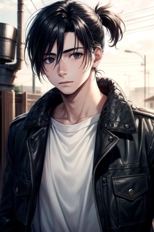 masterpiece, best quality, , 1boy, solo, male focus, looking at viewer, , , ligne claire, realistic, <lora:mio_chibana:0.68>, mio_chibana, black hair, black eyes, ponytail, , dieselpunk,