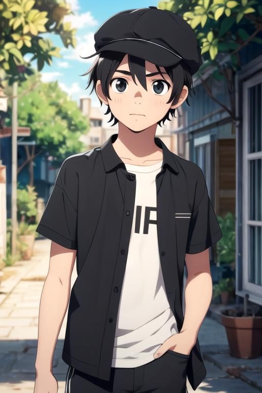 masterpiece, best quality, game cg, 1boy, solo, male focus, looking at viewer, upper body, , anime coloring, , <lora:mio_chibana:0.74>, mio_chibana, black hair, black eyes, low ponytail, shorts, flat cap, , HD