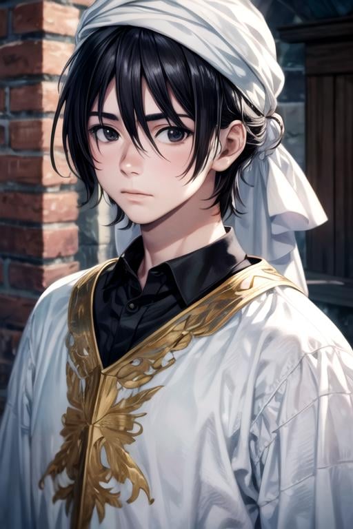 masterpiece, best quality, game cg, 1boy, solo, male focus, looking at viewer, upper body, depth of field, anime coloring, realistic, <lora:mio_chibana:0.74>, mio_chibana, black hair, black eyes, , , turban, medieval europe,