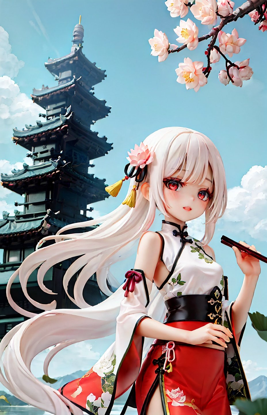 (Chinese girl:1.35),((red and yellow:0.85) but Limited palette:1.2),//,Chinese architecture,Ink,hair flowers,bamboo forest,bamboo,//(long hair),white hair,(loli),small breasts,upper body,smile,((phoenix)),fire,(makeup,red eyeliner),red eyeshadow,red eyes,(long eyelashes),half-closed eyes,peacock skirt,growth,leaf,tree,branch,peacock feathers,bare shoulders,bare legs,(chinese knot),( ink painting, ink splashes, ink wash),cloudy,cirrocumulus,mountains,lake,Chinese style architecture,(Yellow Crane Tower),chinese_trees,branch,(plum blossom),(lotus),petals,