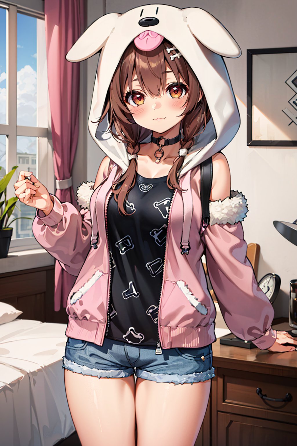 1girl, solo, bedroom, plant, stuffed toy, standing, cowboy shot, :\3, looking at viewer, koronecasual, pink hoodie, open hoodie, shoulder cutout, fur trim, white hood, animal hood, hood up, black shirt, o-ring choker, blue shorts, dog tail, medium breasts, tall, mature female, milf <lora:inugami_korone_7_outfits:1> 