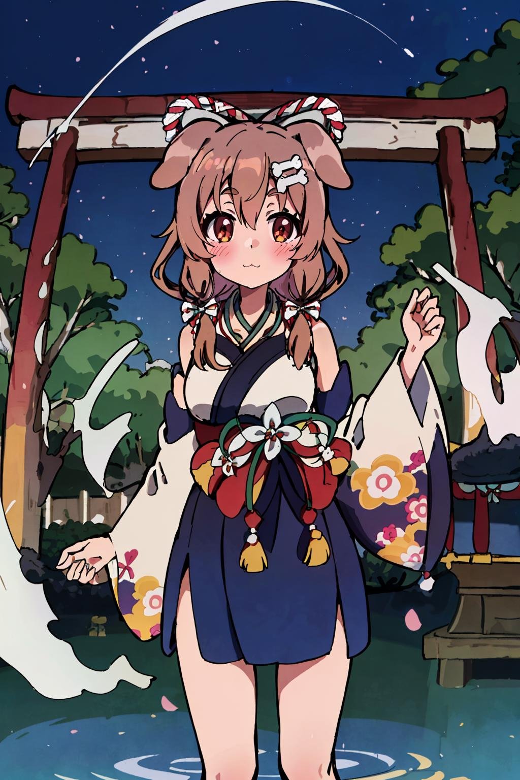 1girl, solo, standing, cowboy shot, torii, pond, japanese architecture, :\3, looking at viewer, koronenewyears, kimono, japanese clothes, floral print, detached sleeves, wide sleeves, halterneck, bone hair ornament, hair ornament, dog tail <lora:thicker lines anime:1> <lora:anime screencap:0.7> <lora:inugami korone 7 outfits:1>