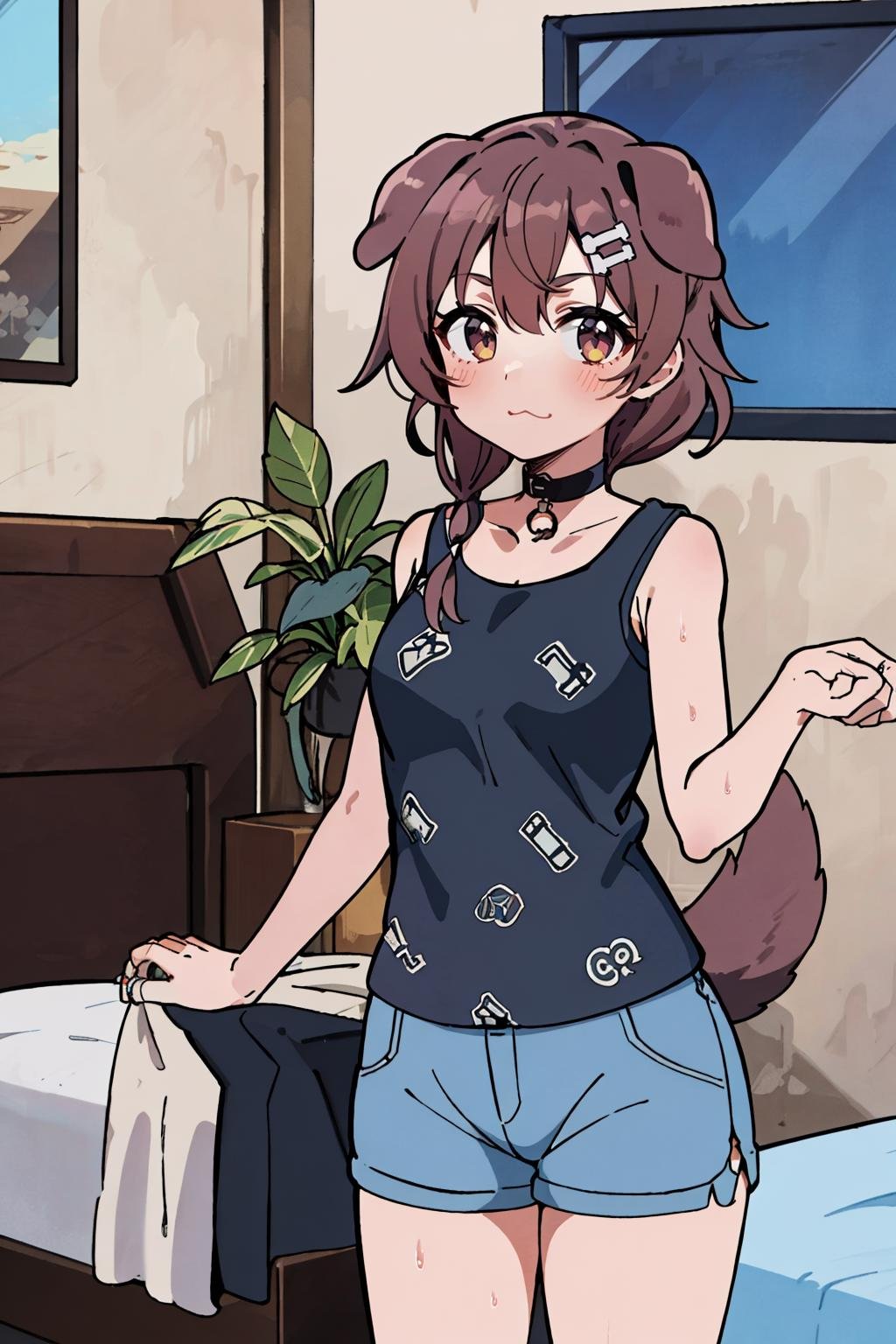 1girl, solo, bedroom, plant, stuffed toy, standing, cowboy shot, :\3, looking at viewer, koronecasual, black shirt, o-ring choker, blue shorts, dog tail <lora:inugami korone 7 outfits:1> <lora:thicker lines anime:1> <lora:anime screencap:0.7> 