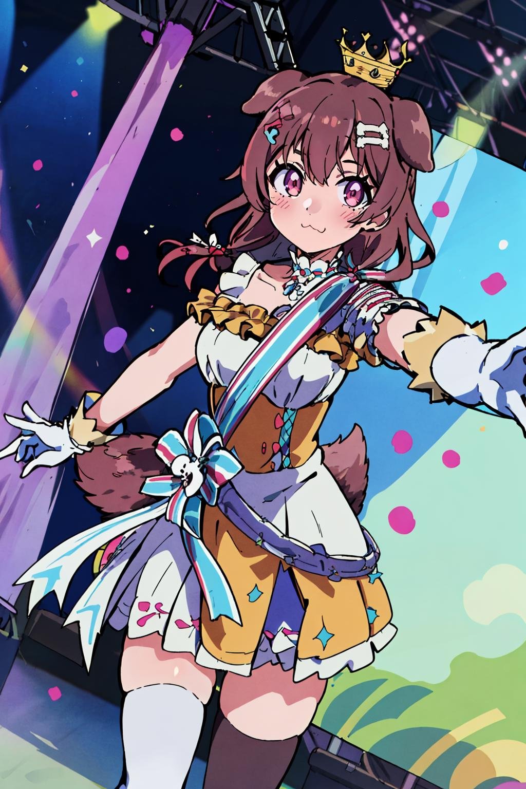 1girl, solo, singing, dancing, stage, concert, stage lights, :\3, looking at viewer, koroneidol, frilled dress, mini crown, white gloves, thighhighs, asymmetrical legwear, bone hair ornament, dog tail <lora:thicker lines anime:1> <lora:anime screencap:0.7> <lora:inugami korone 7 outfits:1>