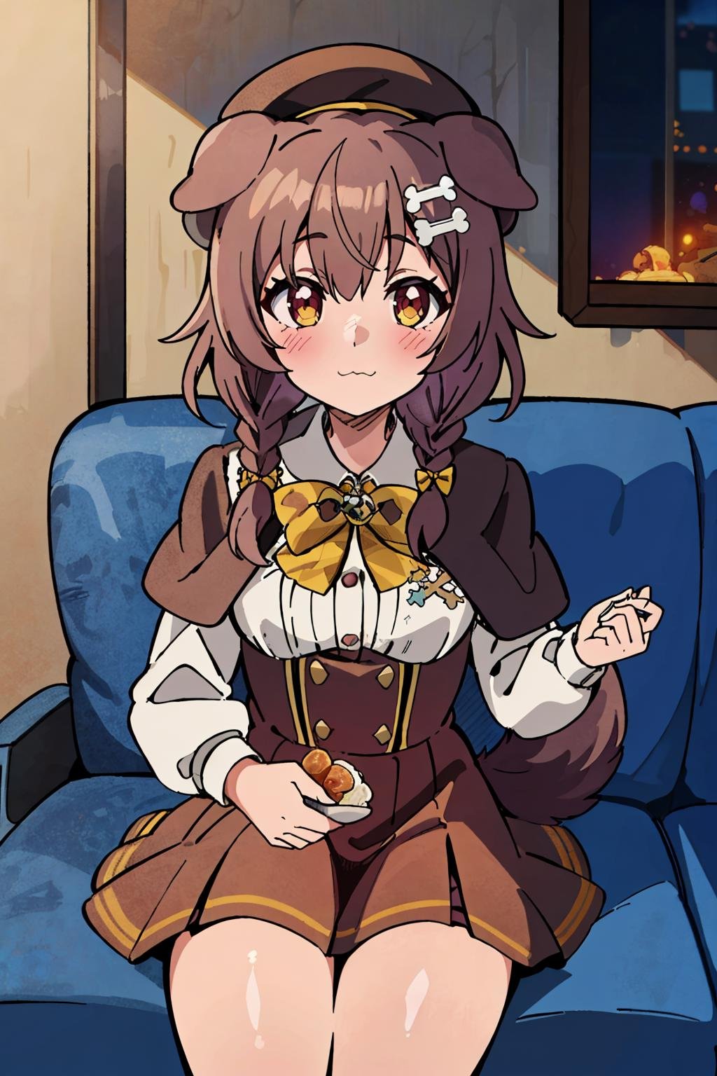 1girl, solo, dinner room, couch, sitting, cowboy shot, :\3, looking at viewer, koronefancy, high-waist skirt, collared shirt, yellow bowtie, capelet, beret, frills, low twin braids, bone hair ornament, dog tail <lora:thicker lines anime:1> <lora:anime screencap:0.7> <lora:inugami korone 7 outfits:1>