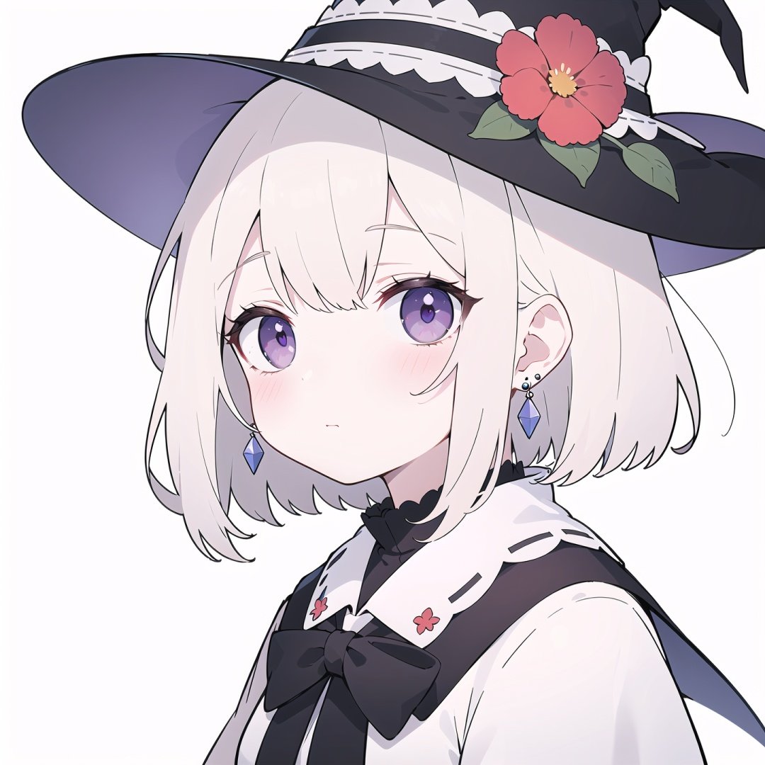 quality_best,style_onineko,(Distinct pupils)(Clear eyes),wizard hat,1girl,solo,c,earrings,looking at viewer,flower,short hair,bangs,closed mouth,simple background,black headwear,white background,red flower,upper body,white hair,hair intakes,frills,purple eyes,hair ornament,expressionless,hat flower,eyelashes,best quality,