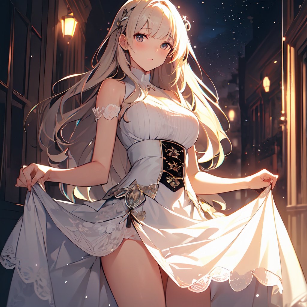 (((masterpiece))),(((best quality))),((ultra-detailed)),(illustration),(detailed light),((an extremely delicate and beautiful)),Cinematic Lighting,glowing,light particles,sparkle,solo,lace_skirt,platinum blonde hair,long hair,skirt lift,