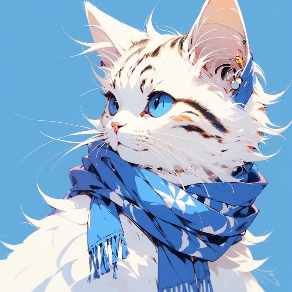 scarf, blue scarf, cat, whiskers, animal, solo, upper body, clothed animal, fringe trim, day, animal focus, furry, blue sky,simple background, 