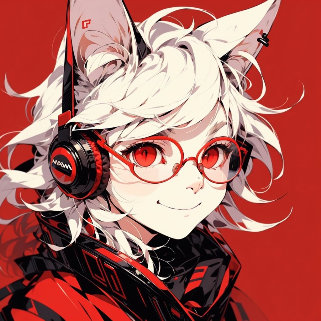 maoC, solo, animal ears, glasses, headphones around neck, headphones, looking at viewer, red background, portrait, white hair, simple background, red theme, short hair, round eyewear, red eyes, furry, smile, slit pupils