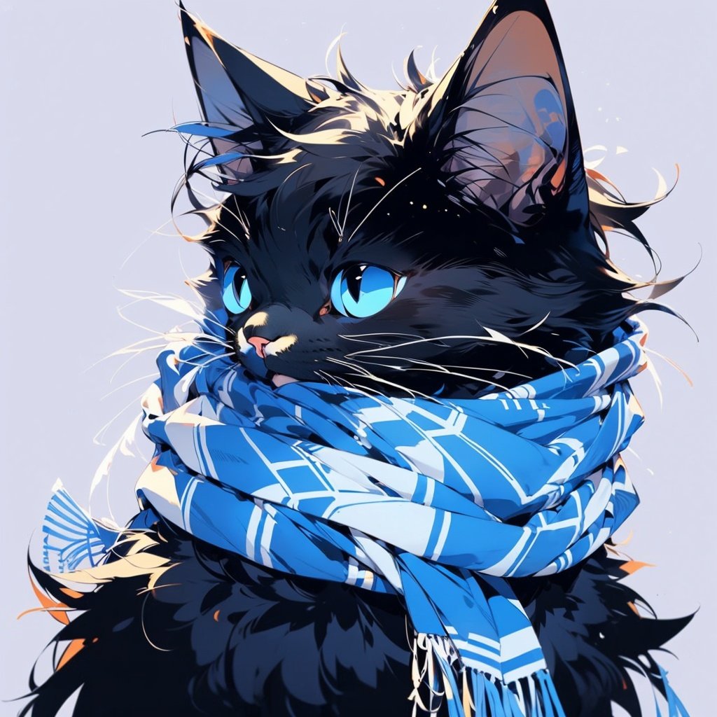 scarf, blue scarf, cat, whiskers, animal, solo, upper body, clothed animal, fringe trim, day, animal focus, furry, blue sky,simple background, 