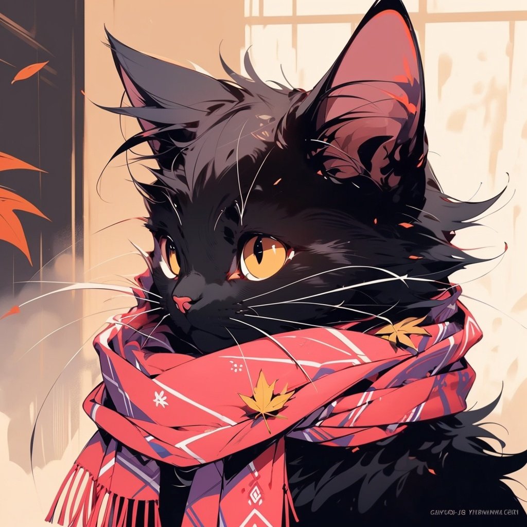 maoC, no humans, cat, animal focus, scarf, brown eyes, animal, whiskers, red scarf, leaf, solo, flower, pink scarf, Keep your eyes to the upper left