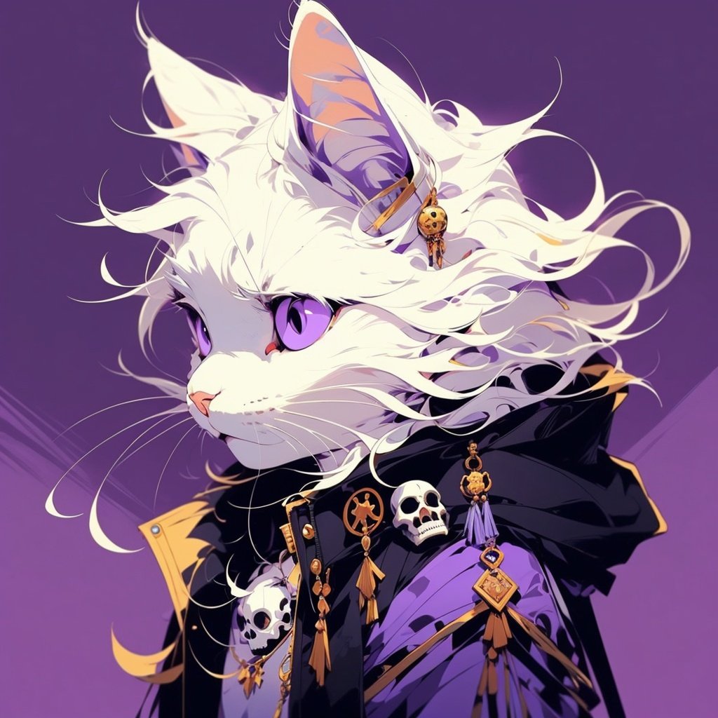 maoC, purple background, 1boy, furry, simple background, solo, male focus, jacket, animal ears, upper body, cat, furry male, whiskers, small skull charm, side view