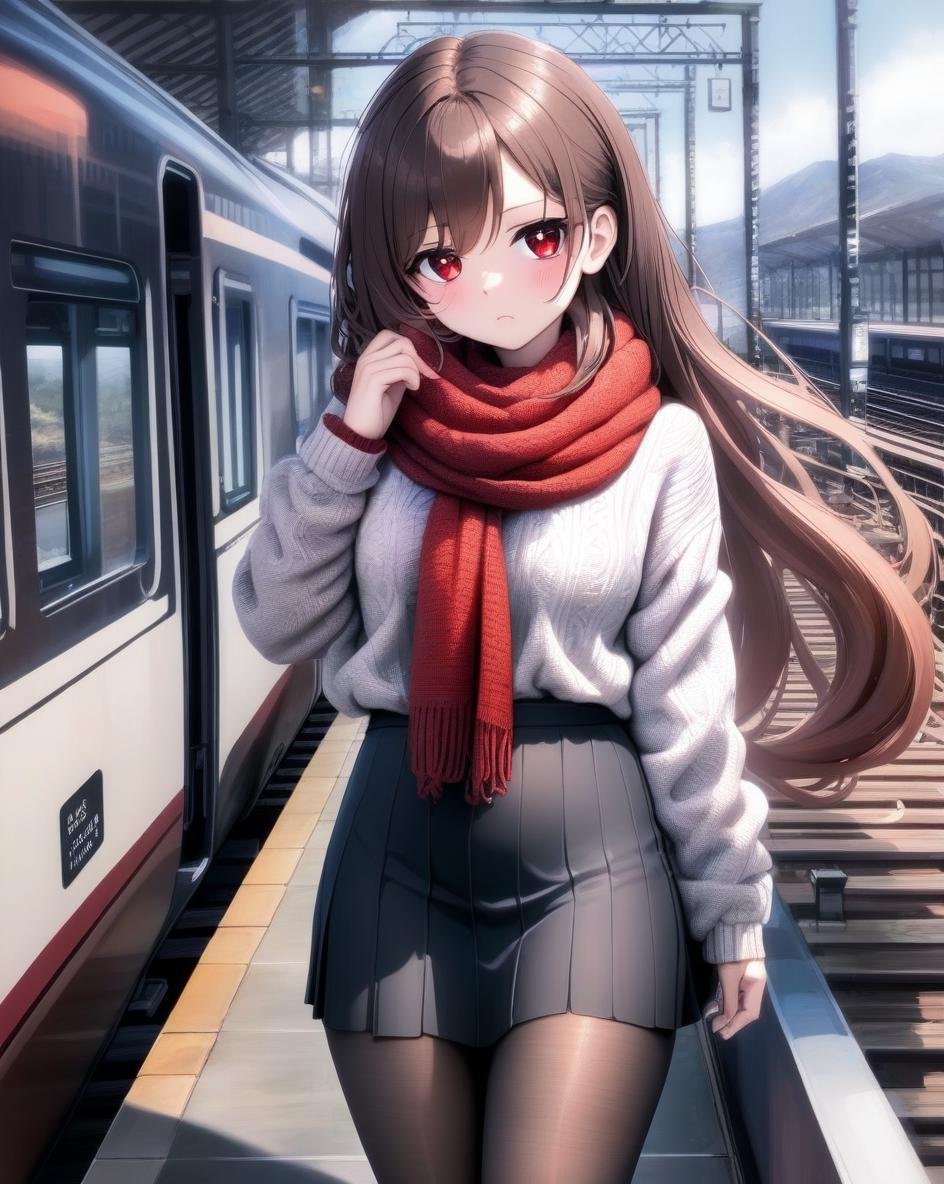 1girl, cowboy shot, building, brown scarf, sweater, day, casual, pantyhose, long sleeves, sfw, black skirt, red eyes, long hair, train station, 