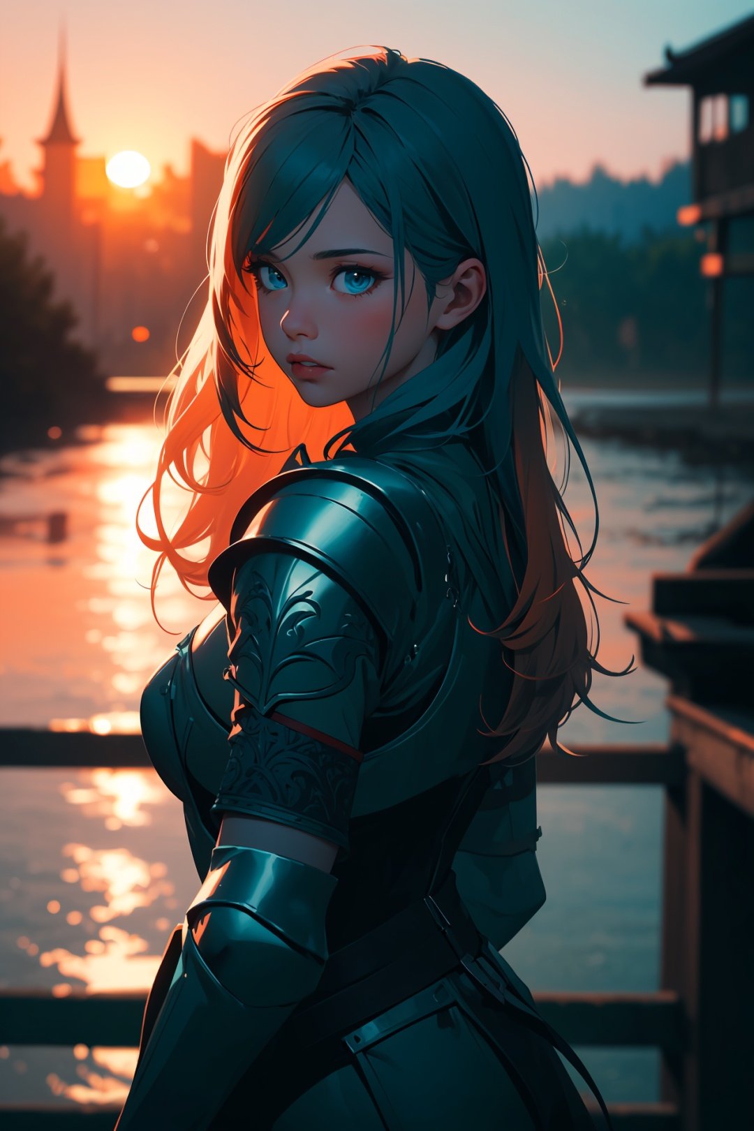 (absurdres, highres, ultra detailed)(masterpiece), (extremely intricate:1.3), (realistic), portrait of a girl\( the most beautiful in the world, (medieval armor), metal reflections, upper body, look back\), sharp focus, BREAK, outdoors, intense sunlight, far away castle, dramatic, award winning, cinematic lighting, , volumetrics dtx, (film grain, blurry background, blurry foreground, bokeh, depth of field, sunset, motion blur:1.3), chainmail, exposure blend, medium shot, bokeh, (hdr:1.4), high contrast, (cinematic, teal and orange:1.4), (muted colors, dim colors, soothing tones:1.3), low saturation