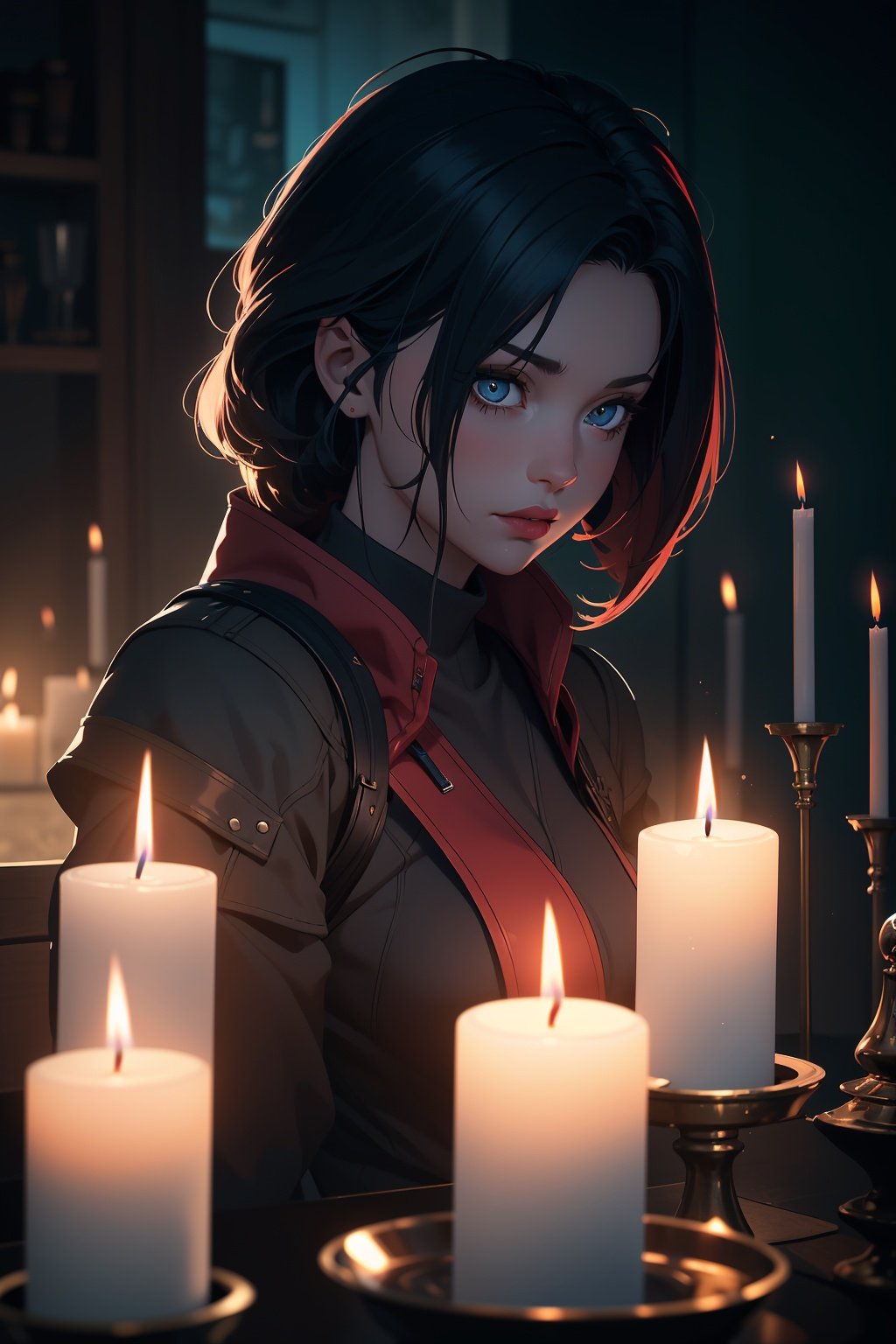 1girl, dynamic angle, splash art,  octane render, Dutch angle shot of a Mennonite Female Abjurer, Mohawk hair, cyber noir, Candle light, Depth of field 270mm, Kodak portra, official art, unity 8k wallpaper, ultra detailed, aesthetic, masterpiece, best quality, photorealistic