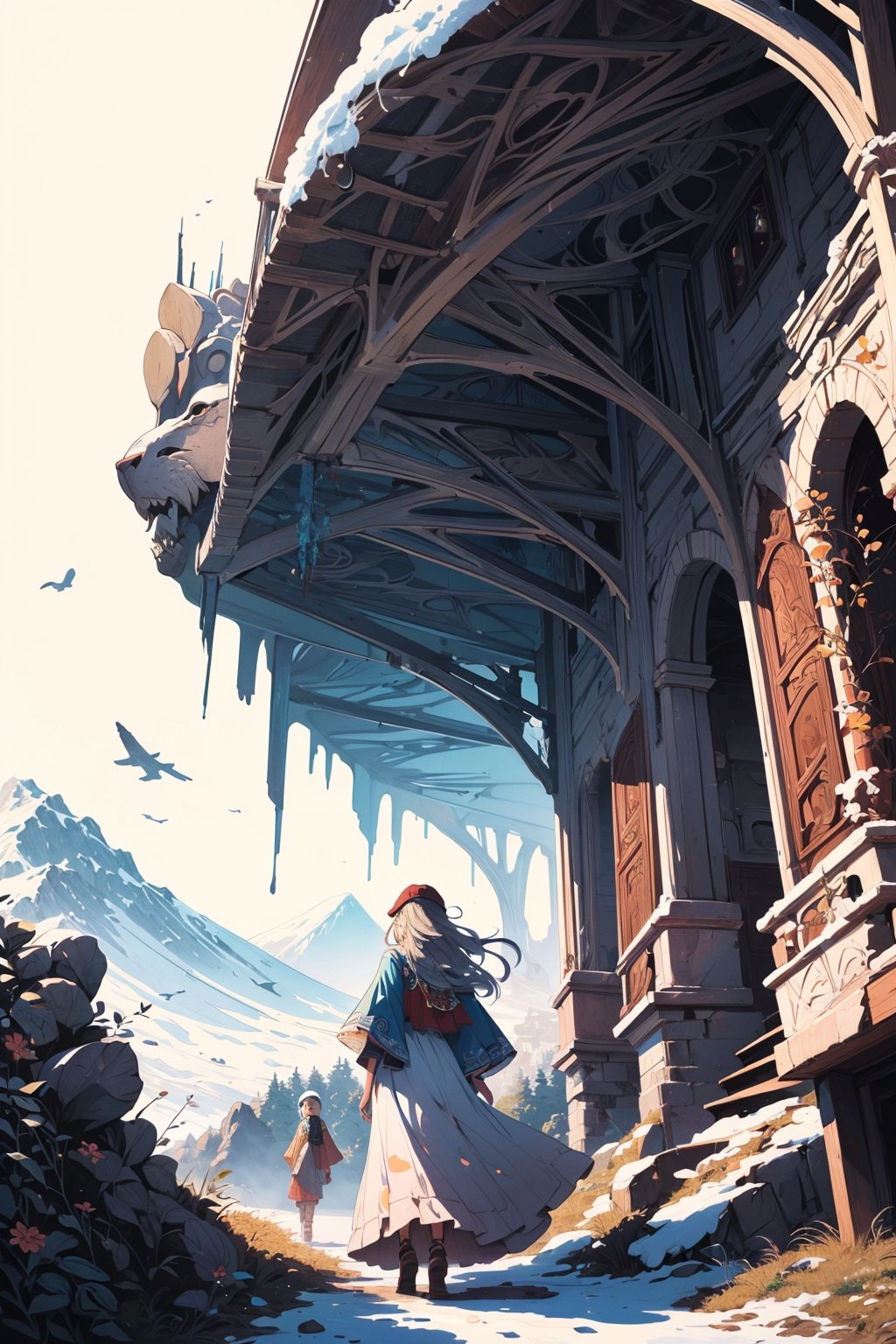 masterpiece, best quality,ultra-detailed,ultra high res,1girl,bohemian style, flowing dresses, layered clothing, earthy colors, fringe accessories, ethnic prints, natural fabrics, BREAK,artistic designs, snowmountain, cinematic, shot from below,(illustration by Mattias Adolfsson,full frame:1.5)