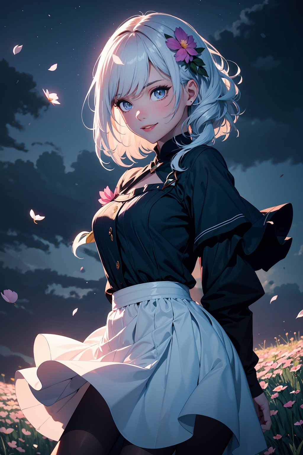 masterpiece, best quality, 1girl, (colorful),(delicate eyes and face), volumatic light, ray tracing, bust shot ,extremely detailed CG unity 8k wallpaper,solo,smile,intricate skirt,((flying petal)),(Flowery meadow) sky, cloudy_sky, moonlight, moon, night, (dark theme:1.3), light, fantasy, windy, magic sparks, dark castle,white hair