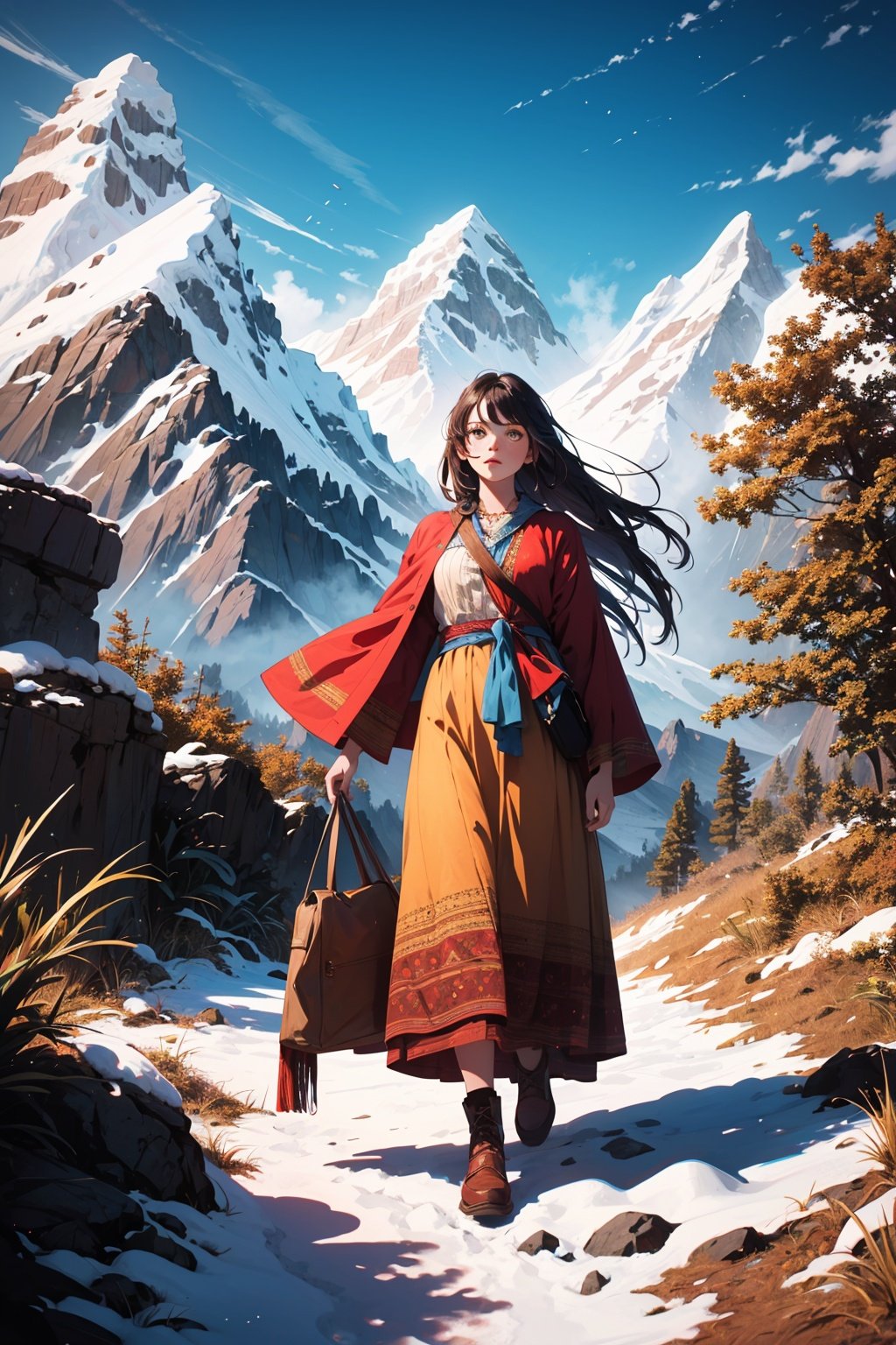 masterpiece, best quality,ultra-detailed,ultra high res,1girl,bohemian style, flowing dresses, layered clothing, earthy colors, fringe accessories, ethnic prints, natural fabrics, BREAK,artistic designs, snowmountain, cinematic, )shot from below:0.8),(illustration by Mattias Adolfsson)