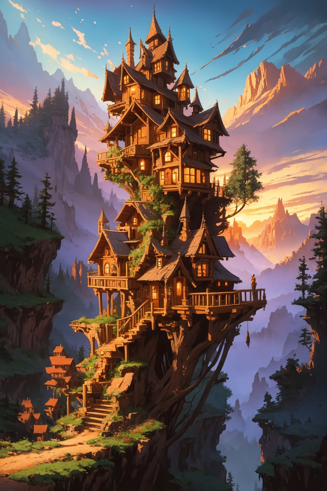 valley, fairytale treehouse village covered, , matte painting, highly detailed, dynamic lighting, cinematic, realism, realistic, photo real, sunset, detailed, high contrast, denoised, centered, michael whelan