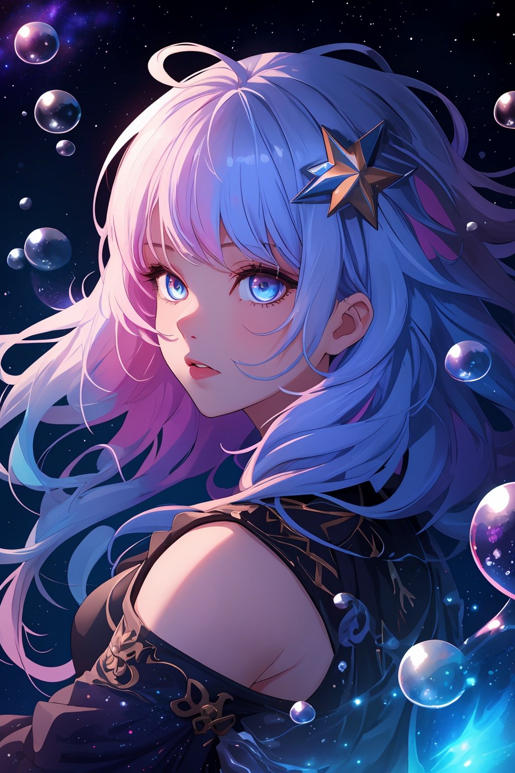 (masterpiece), (best quality), (ultra-detailed), (illustration), 1girl, mixed-blood girl, , stars in the eyes, messy floating hair, colored inner hair, Starry sky adorns hair, (lots of big colorful Bubble), (pearl), (Galaxy), depth of field