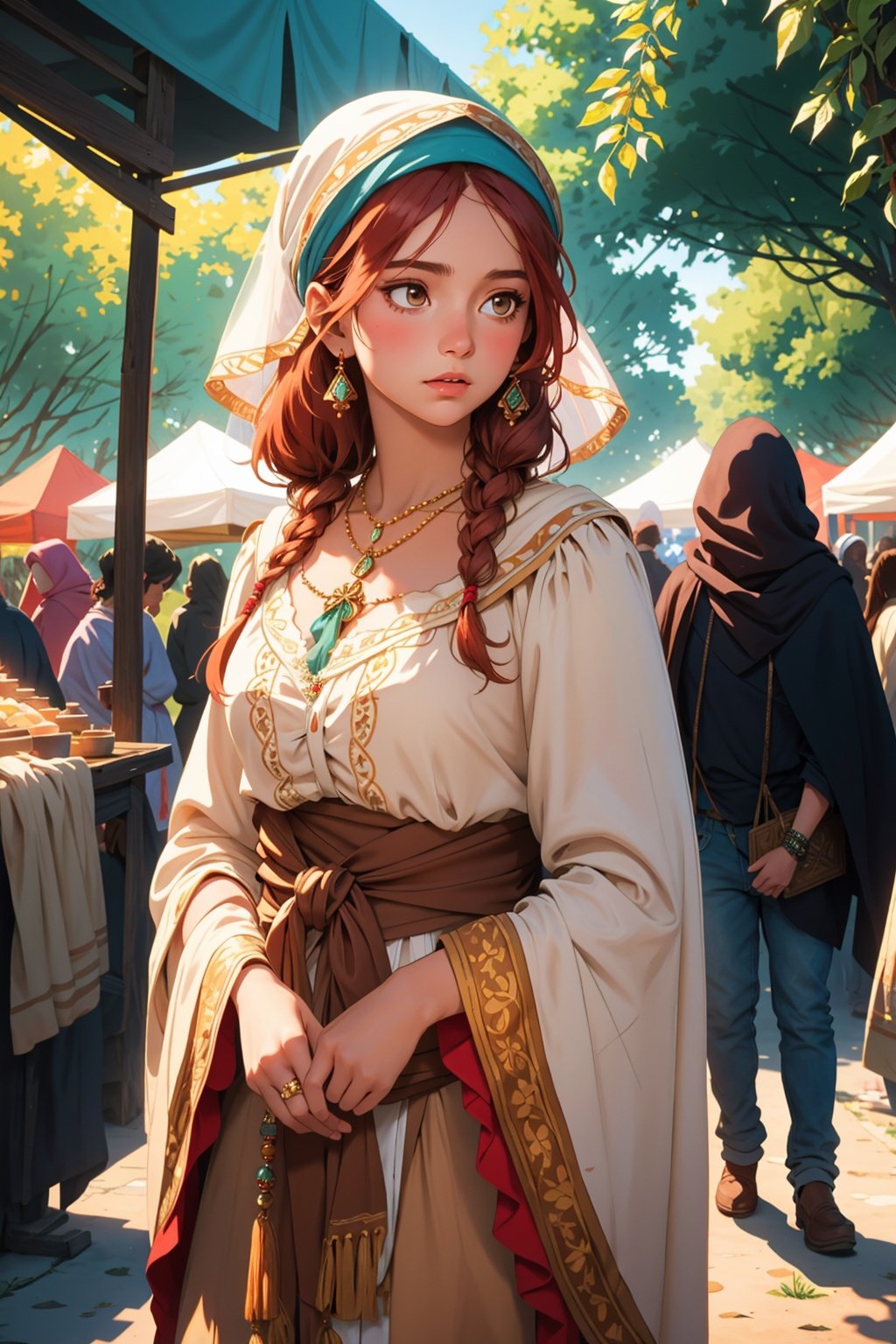 a girl,gypsy girl,wandering,complicated old clothes,(natural colors, correct white balance, color correction, dehaze,clarity),RAW photo,full sharp,wallpapper 8k uhd,dslr,soft lighting,high quality,Fujifilm XT3,european,red hair,outdoor,noisy street,a small pointed nose,at the flea market,many people gathered,beautiful,tall slim,sexy,in france,dark tone,movie screen,magazine,dressed in bohemian handmade traditional costumes,the beige lace headscarf tied up the hair,head wearing a beautiful flower,standing in the shadows,strong light and dark contrast,the body has a complicated handmade ornament necklace bracelet,long necklace with big decorations,