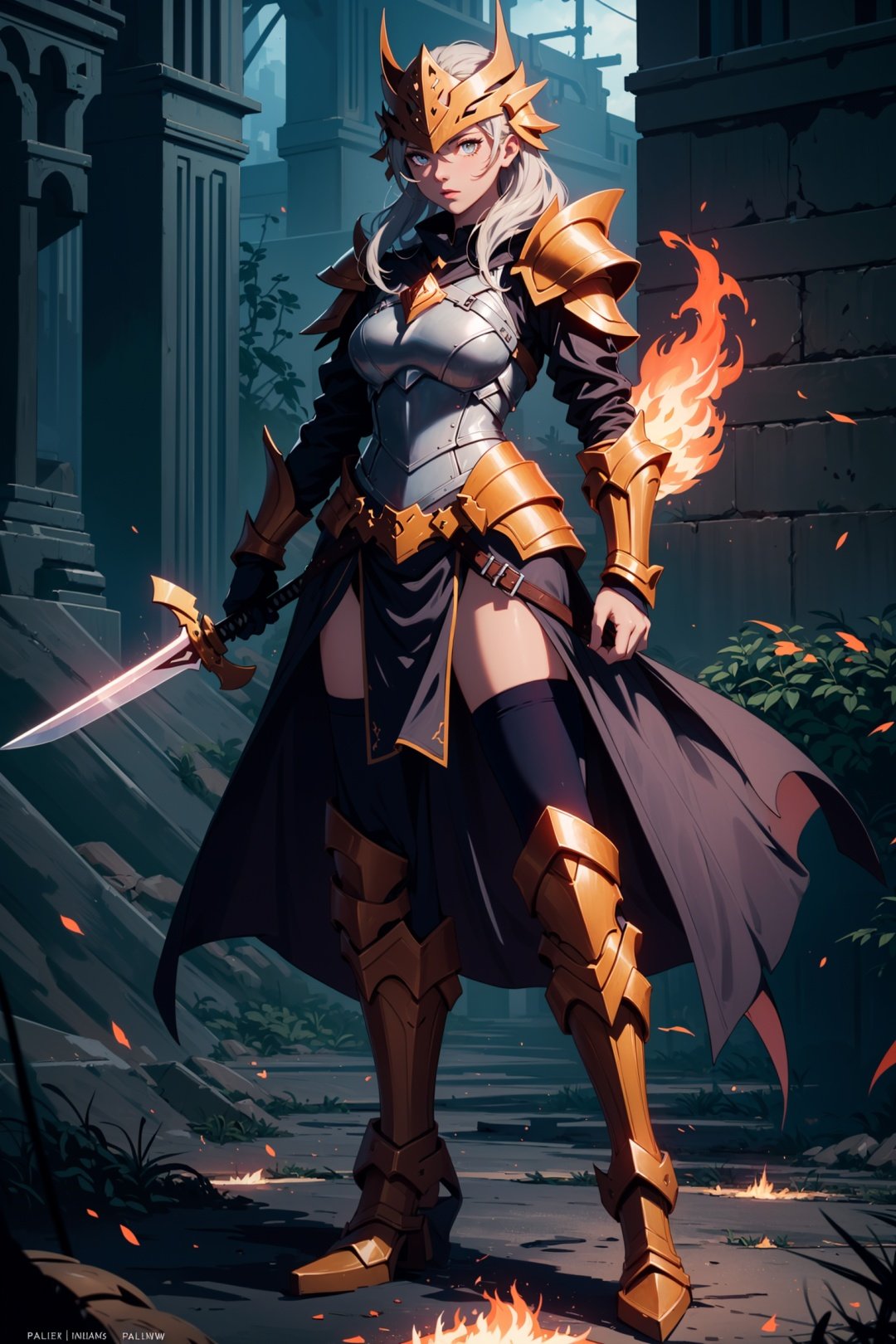 (masterpiece, top quality, best quality, official art, beautiful and aesthetic:1.2),(8k, best quality, masterpiece:1.2),CGDivineSwordsw, weapon, sword, armor, holding, holding weapon, holding sword, solo, helmet, 1gril, full armor, shoulder armor, standing, pauldrons, glowing, embers, Female focus, gauntlets, fire, breastplate, flaming weapon, glowing weapon, flaming sword, knight, full body, yellow glow, orange grow,fantasy,Princess