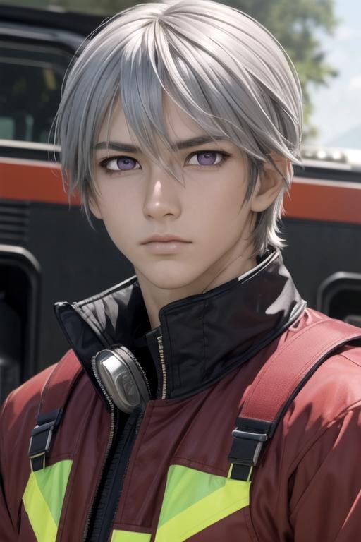 masterpiece, best quality, game cg, 1boy, solo, male focus, looking at viewer, upper body, depth of field, , , <lora:zero_kiryuu:0.72>, zero_kiryuu, grey hair, purple eyes, firefighter costume, time travel,