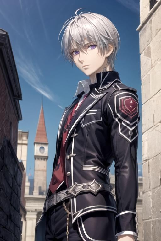 masterpiece, best quality, photorealistic, 1boy, solo, male focus, looking at viewer, , , anime coloring, realistic, <lora:zero_kiryuu:0.72>, zero_kiryuu, grey hair, purple eyes, romper, , The Tower of Shadows, 2k resolution