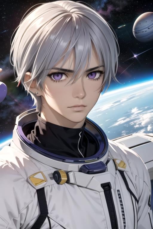 masterpiece, best quality, illustration, 1boy, solo, male focus, looking at viewer, upper body, , anime coloring, , <lora:zero_kiryuu:0.70>, zero_kiryuu, grey hair, purple eyes, easter costume, space opera, High resolution