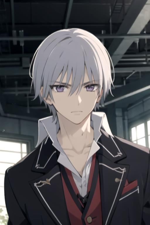 masterpiece, best quality, , 1boy, solo, male focus, looking at viewer, upper body, depth of field, , , <lora:zero_kiryuu:0.70>, zero_kiryuu, grey hair, purple eyes, , science fiction detective, High resolution