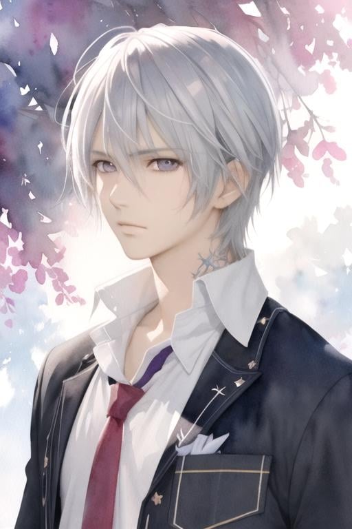 masterpiece, best quality, game cg, 1boy, solo, male focus, looking at viewer, , , (watercolor illustration, soft pastel colors:1.1), , <lora:zero_kiryuu:0.74>, zero_kiryuu, grey hair, purple eyes, , , , 4k resolution