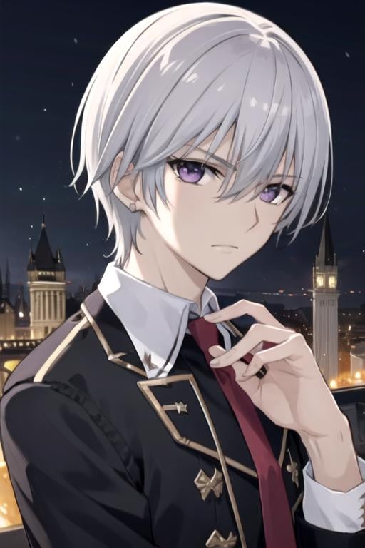 masterpiece, best quality, wallpaper, 1boy, solo, male focus, looking at viewer, , depth of field, ligne claire, , <lora:zero_kiryuu:0.66>, zero_kiryuu, grey hair, purple eyes, , The Castle of Shadows, 16k resolution