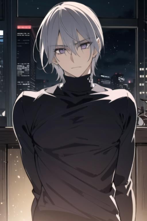 masterpiece, best quality, sketch, 1boy, solo, male focus, looking at viewer, , depth of field, ligne claire, realistic, <lora:zero_kiryuu:0.70>, zero_kiryuu, grey hair, purple eyes, jumper, , science fiction cyber-noir,