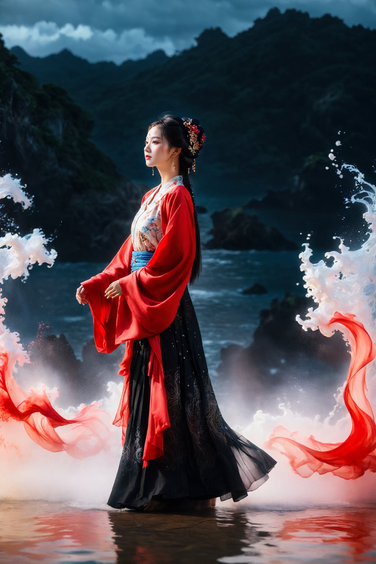 A poetic photography capturing a girl in elegant jin clothes,  surrounded by swirling ink fluid effects. The girl's attire is adorned with intricate patterns,  and she stands gracefully amid a sea of red and black. Her expression is serene as she gazes into the distance,  lost in thought. The ink fluid gracefully dances around her,  creating a dreamlike ambiance. Photographed in an intimate setting with soft lighting.,  (masterpiece, best quality:1.5)