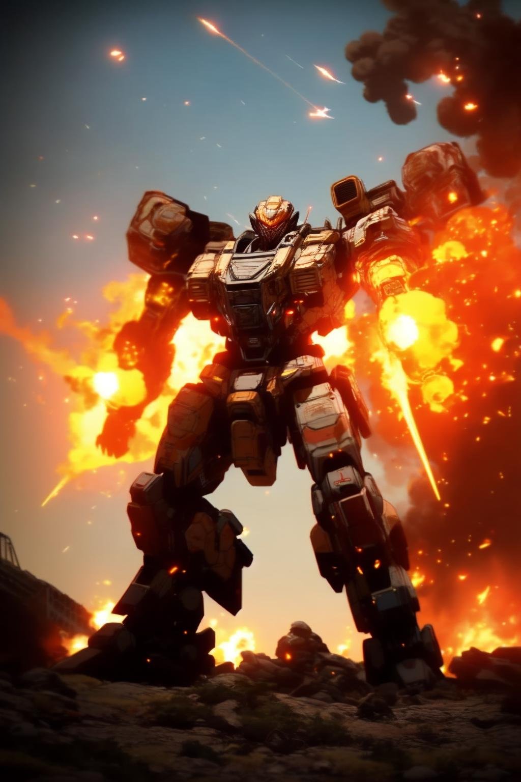 ((Best quality)), ((masterpiece)), ((realistic)), Imagine an epic and visually stunning scene from the world of Titanfall, where the battlefield is engulfed in a massive war. Towering Titans dominate the landscape, their imposing presence radiating power and strength. These colossal mechas unleash devastating firepower, their movements synchronized with the skillful pilots who command them. Explosions and gunfire fill the air, creating a chaotic yet awe-inspiring atmosphere. The attention to detail in the Titans' design and the seamless integration between pilots and machines evoke a sense of realism and immersion. This masterpiece captures the essence of Titanfall, immersing viewers in a world where the clash of Titans shapes the destiny of the battlefield a heavy mech, hard surface, hawken, sci-fi, battlefield, explosion, stray bullet, <lora:srd_v3_5d:0.8>