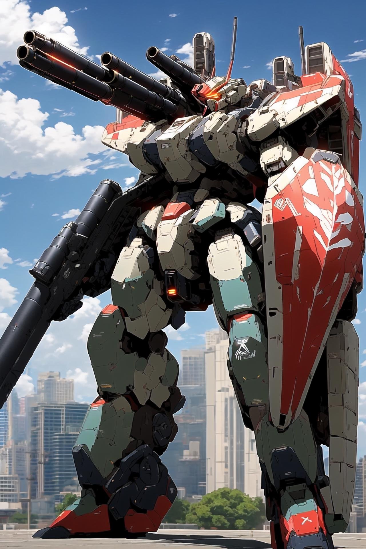 (blue sky:1.1), cloud, holding_weapon,(RRS:1.2), (HRS:1.5), a (((mecha))) with sleek and menacing design, glowing ,(heroic parts:1.2), (mechanical parts:1.2), robot joints,(long legs:1.5),(huge shield:1.2), (huge jetpack:2), (shoulder cannon:1.5),best quality, masterpiece, highly detailed, ultra-detailed,(battle-ready:1.2),(powerful stance:1.3),(Detailed eye description:1.2),(huge mechanical weapon:1.3),(detailed armor description:1.2),(detailed shield description:1.2),(detailed weapon description:1.2),(huge mechanical gun:1.2),(holding gun and weapon :1.3) BREAK building, glowing_eyes, science_fiction, city, realistic,<lora:srd_v3_5d:0.8>