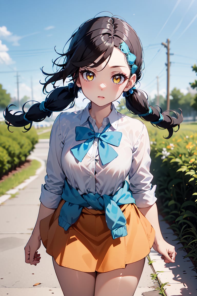 Candice_PKM,  twintails,  blue bowtie,  white shirt,  blue swetter around waist,  orange miniskirt,  striped socks,  loafers,  perspective view, <lora:EMS-10484-EMS:0.800000>, , <lora:EMS-51295-EMS:0.800000>