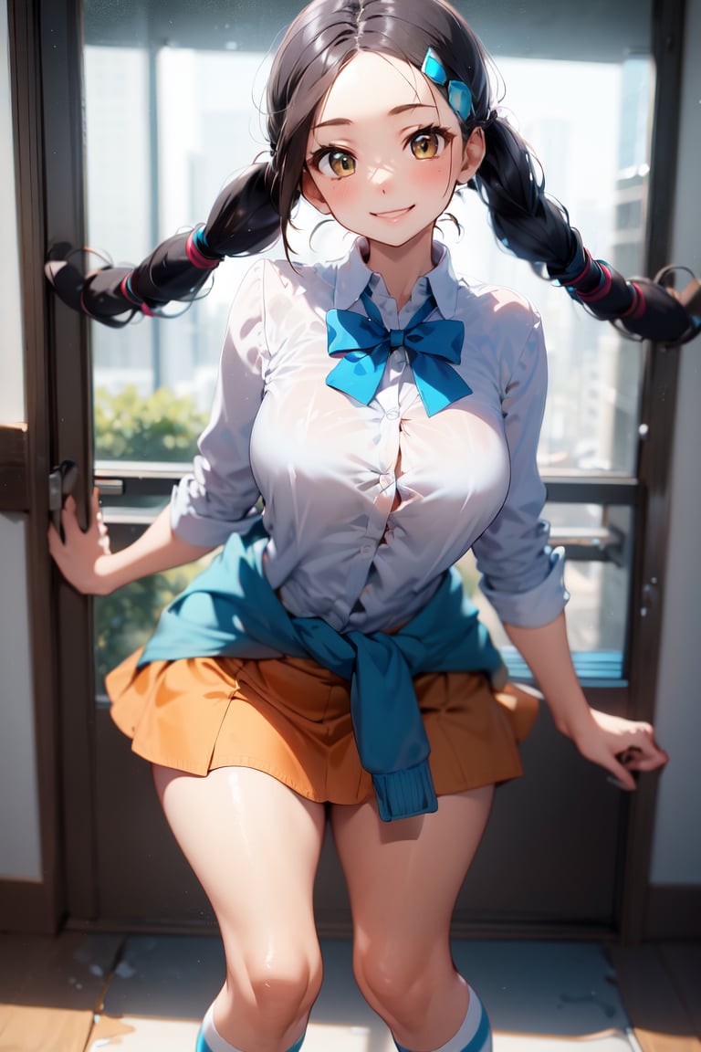 Candice_PKM,  twintails,  blue bowtie,  white shirt,  blue swetter around waist,  orange miniskirt,  striped socks,  loafers,  Facing viewer,  bending over,  smiling,  miniskirt,  wide hips, <lora:EMS-51295-EMS:0.800000>