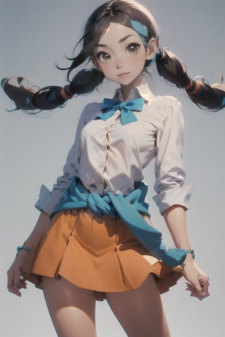 Candice_PKM,  twintails,  blue bowtie,  white shirt,  blue swetter around waist,  orange miniskirt,  striped socks,  loafers, <lora:EMS-51295-EMS:0.800000>