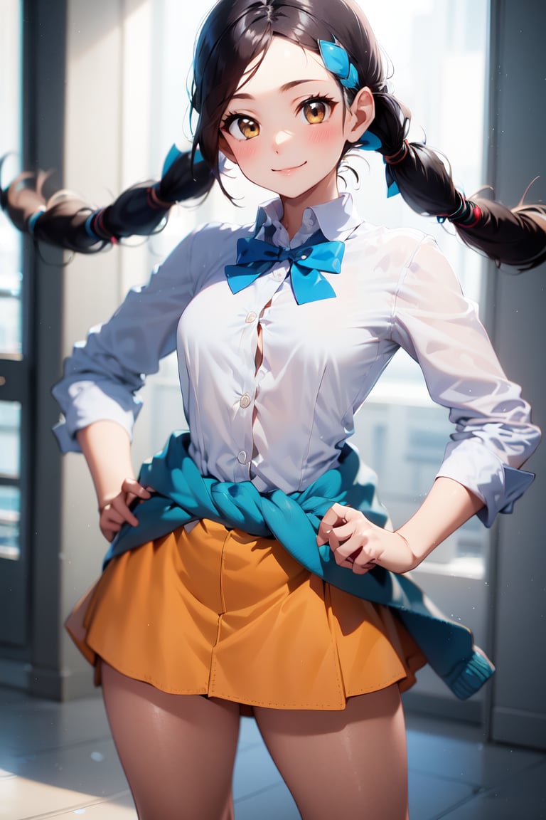 Candice_PKM,  twintails,  blue bowtie,  white shirt,  blue swetter around waist,  orange miniskirt,  striped socks,  loafers,  standing,  smile,  hands to hips, <lora:EMS-51295-EMS:0.800000>