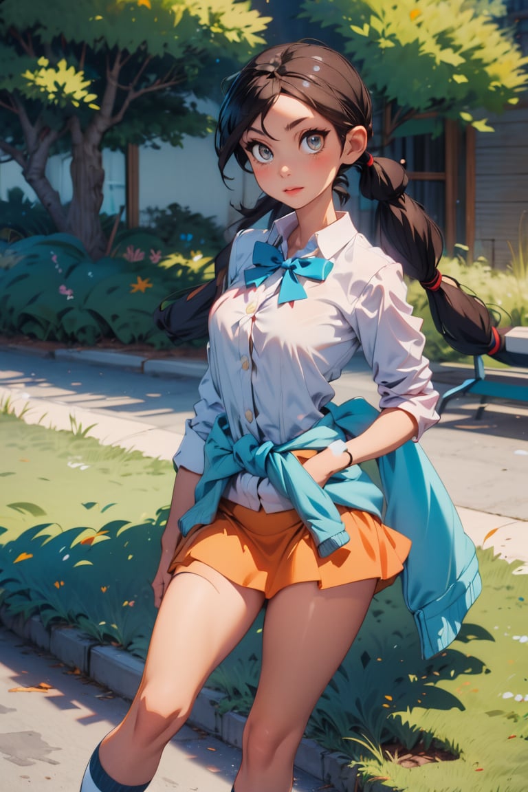 Candice_PKM,  twintails,  blue bowtie,  white shirt,  blue swetter around waist,  orange miniskirt,  striped socks,  loafers, <lora:EMS-51295-EMS:0.800000>