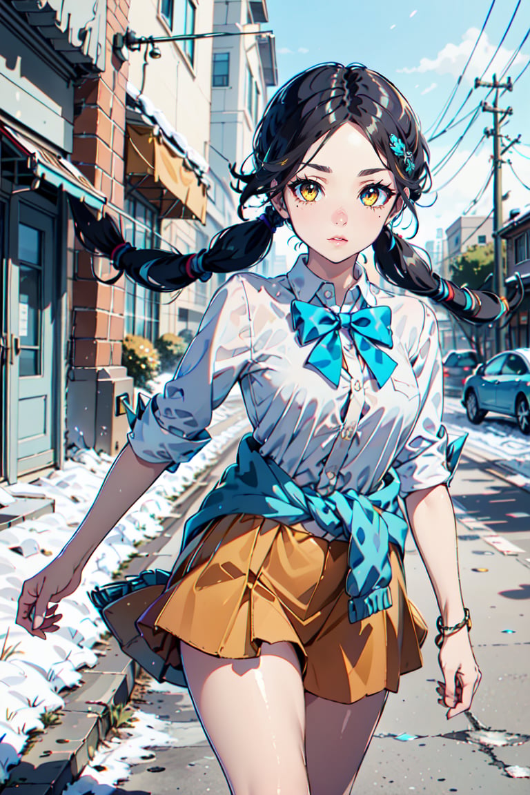 Candice_PKM,  twintails,  blue bowtie,  white shirt,  blue swetter around waist,  orange miniskirt,  striped socks,  loafers, <lora:EMS-10484-EMS:0.800000>, , <lora:EMS-51295-EMS:0.800000>