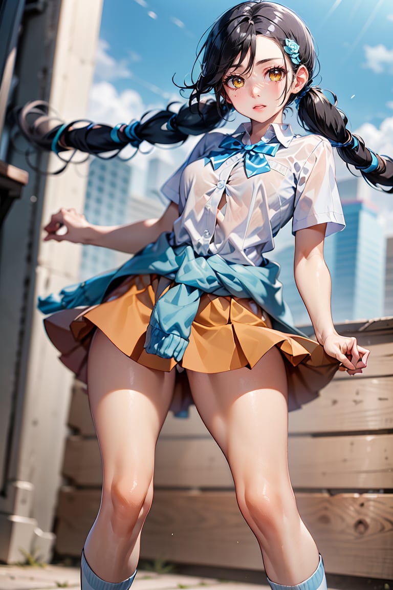 Candice_PKM,  twintails,  blue bowtie,  white shirt,  blue swetter around waist,  orange miniskirt,  striped socks,  loafers, <lora:EMS-10484-EMS:0.800000>, , <lora:EMS-51295-EMS:0.800000>