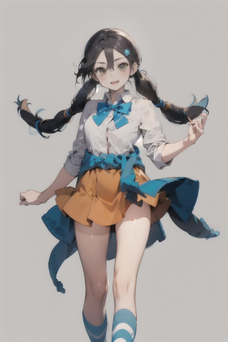 Candice_PKM,  twintails,  blue bowtie,  white shirt,  blue swetter around waist,  orange miniskirt,  striped socks,  loafers, <lora:EMS-51295-EMS:0.800000>