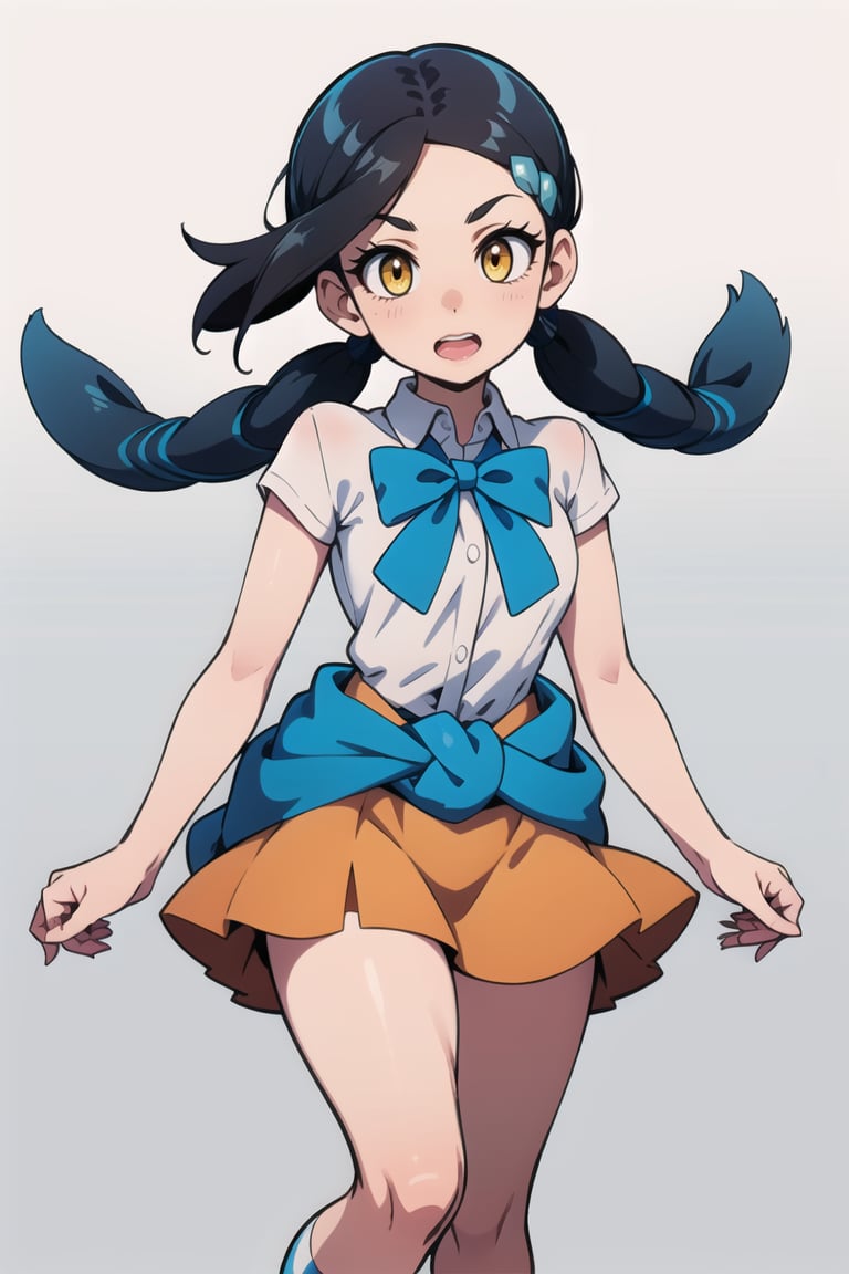 Candice_PKM,  twintails,  blue bowtie,  white shirt,  blue swetter around waist,  orange miniskirt,  striped socks,  loafers, <lora:EMS-10484-EMS:0.800000>, , <lora:EMS-51295-EMS:0.800000>