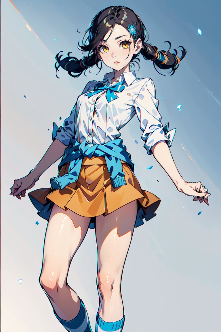 Candice_PKM,  twintails,  blue bowtie,  white shirt,  blue swetter around waist,  orange miniskirt,  striped socks,  loafers, <lora:EMS-10484-EMS:0.800000>, , <lora:EMS-51295-EMS:0.800000>